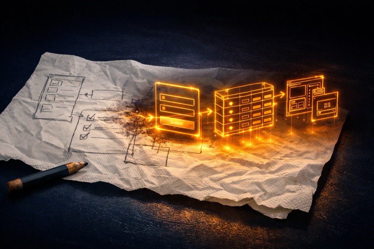 A pencil sketch on a crumpled napkin transforming into glowing amber wireframes