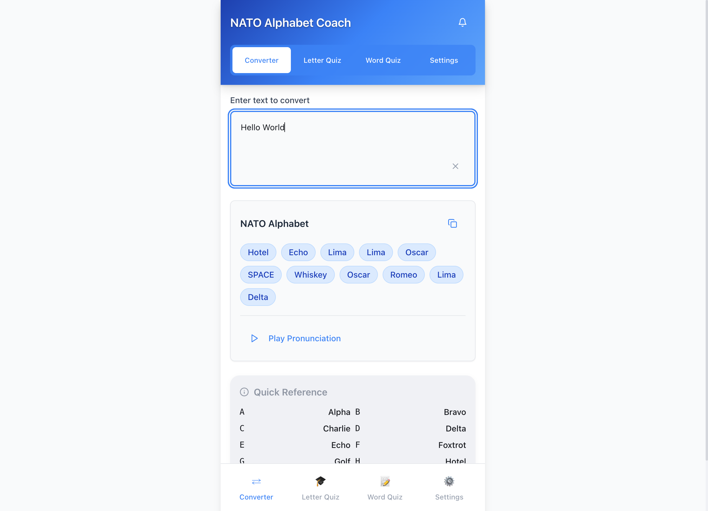 The converter turning "Hello World" into NATO alphabet badges