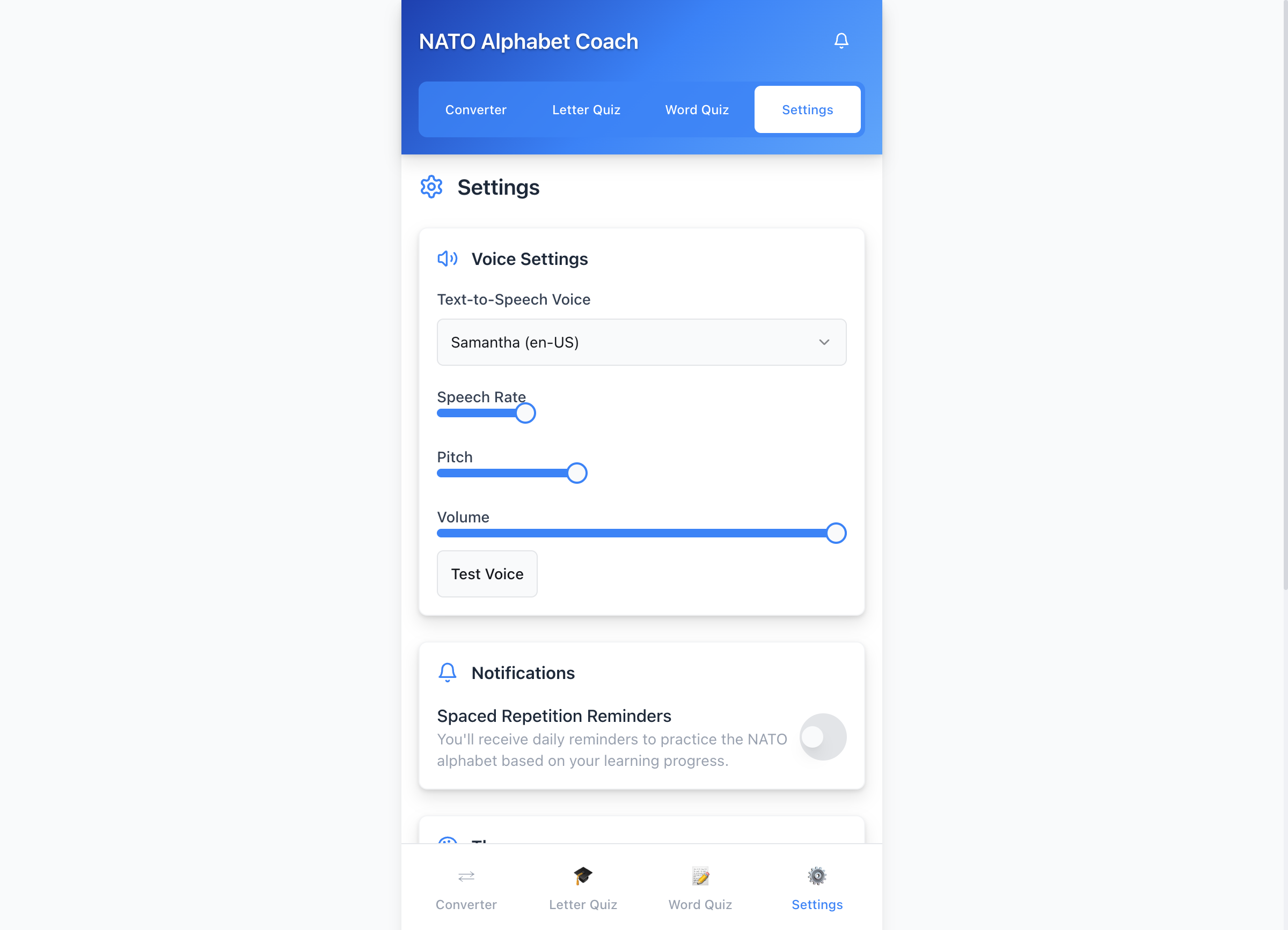 Settings showing 7 languages, voice controls, and theme selection