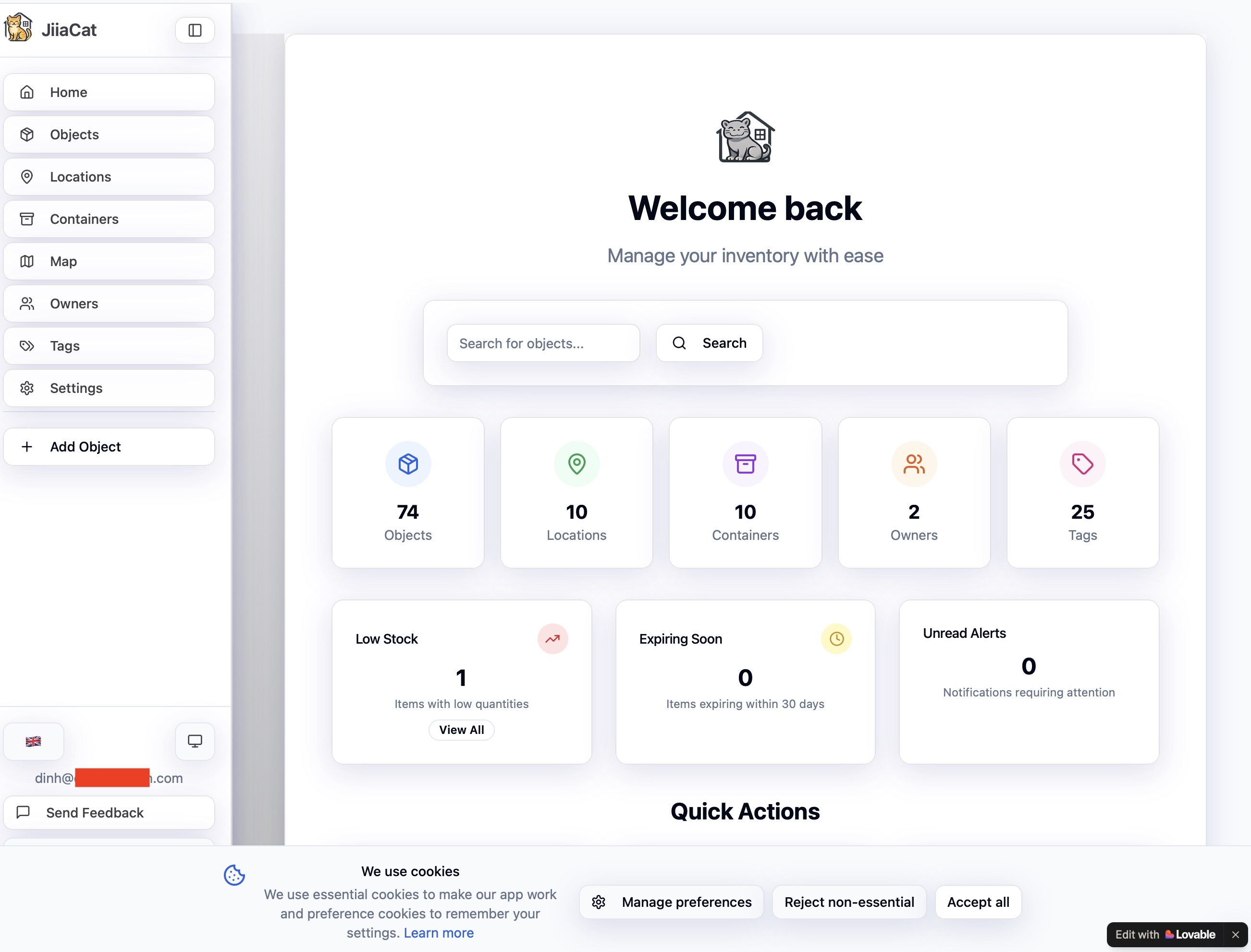 JiiaCat home screen showing 74 objects, 10 locations, 10 containers, search bar, and low-stock alerts