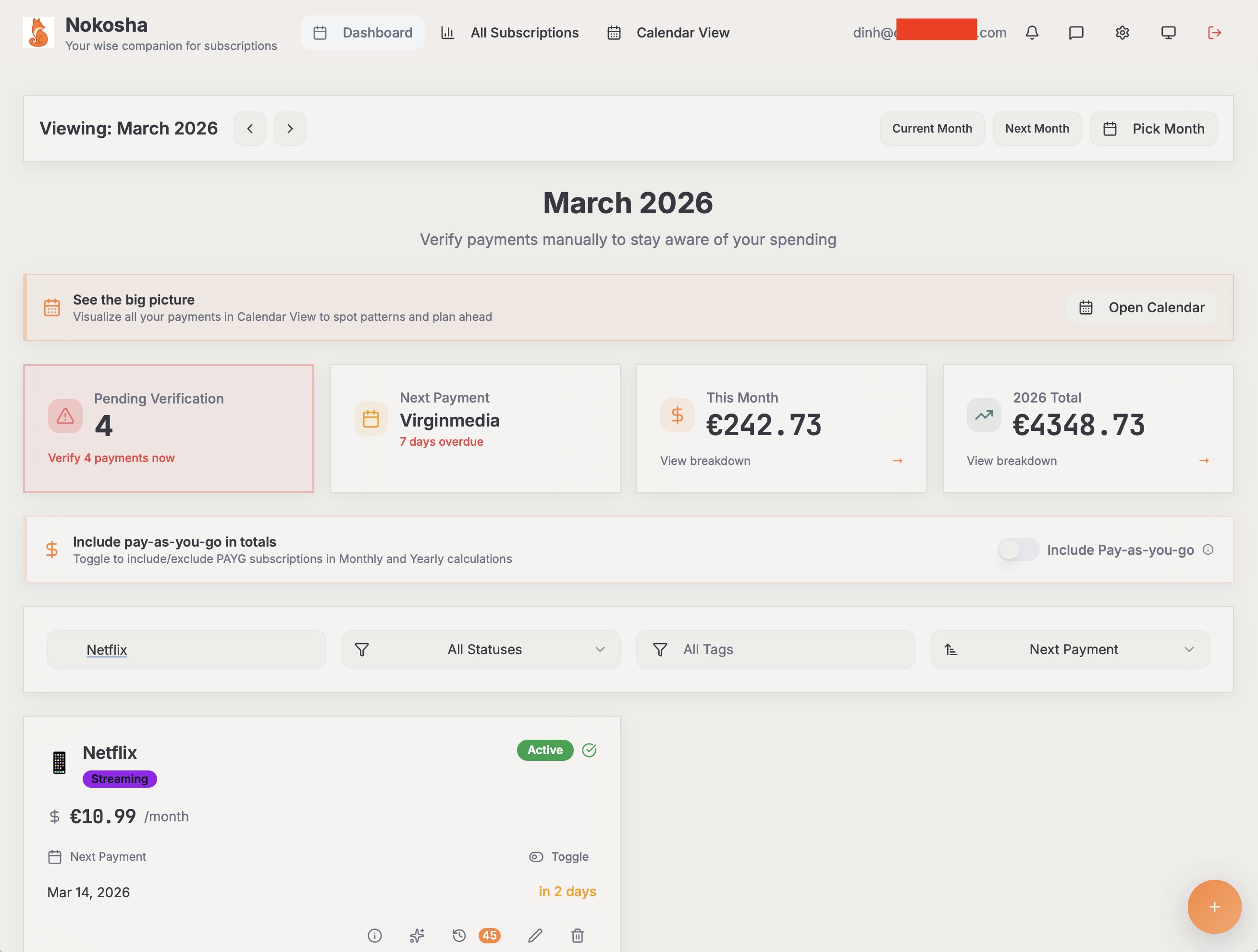 Nokosha monthly dashboard showing pending verifications, next payment due, monthly spend of €242.73, and a Netflix subscription card