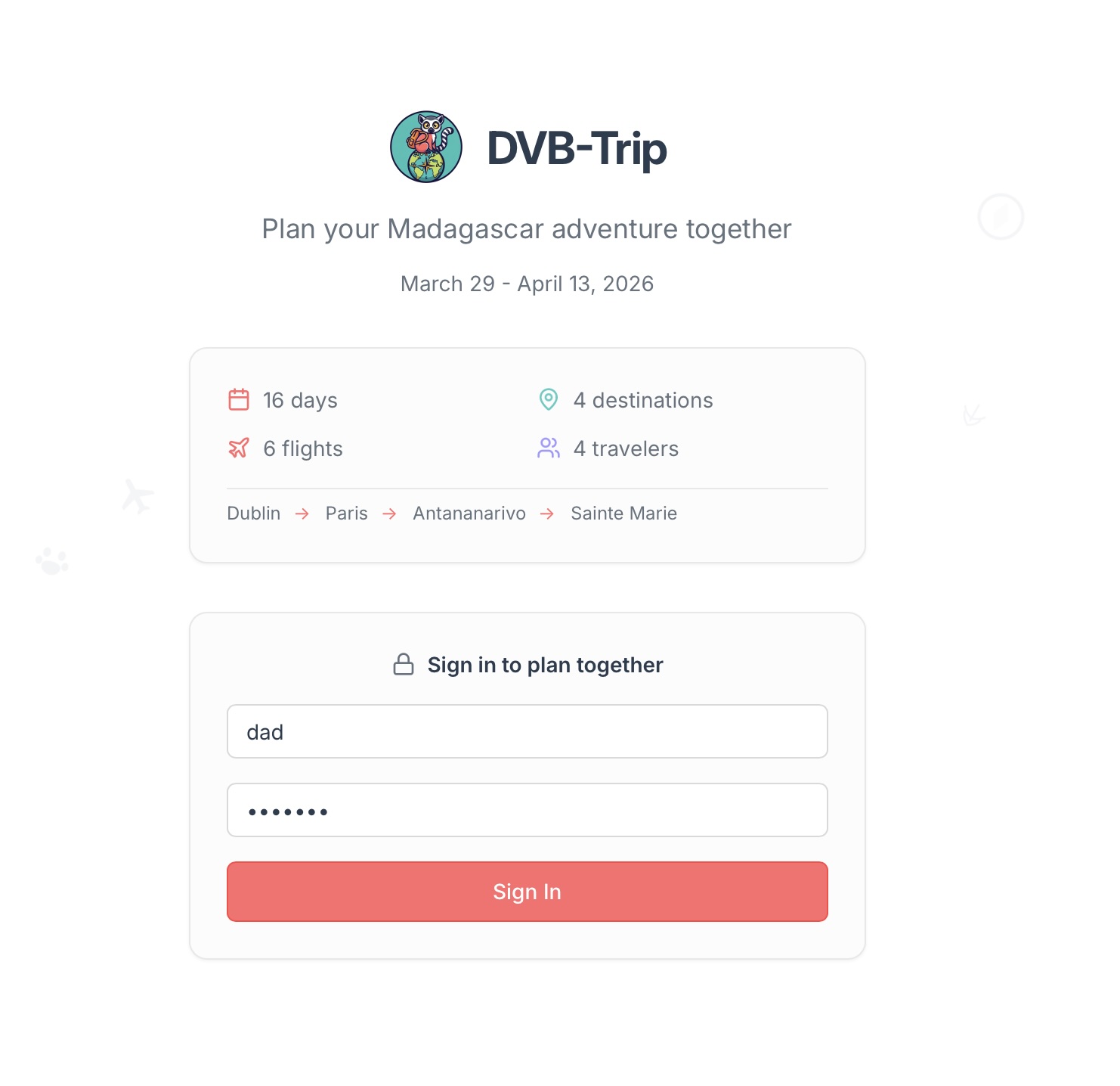 Login screen showing trip overview — 16 days, 4 destinations, 6 flights, 3 travelers — with simple username and password auth