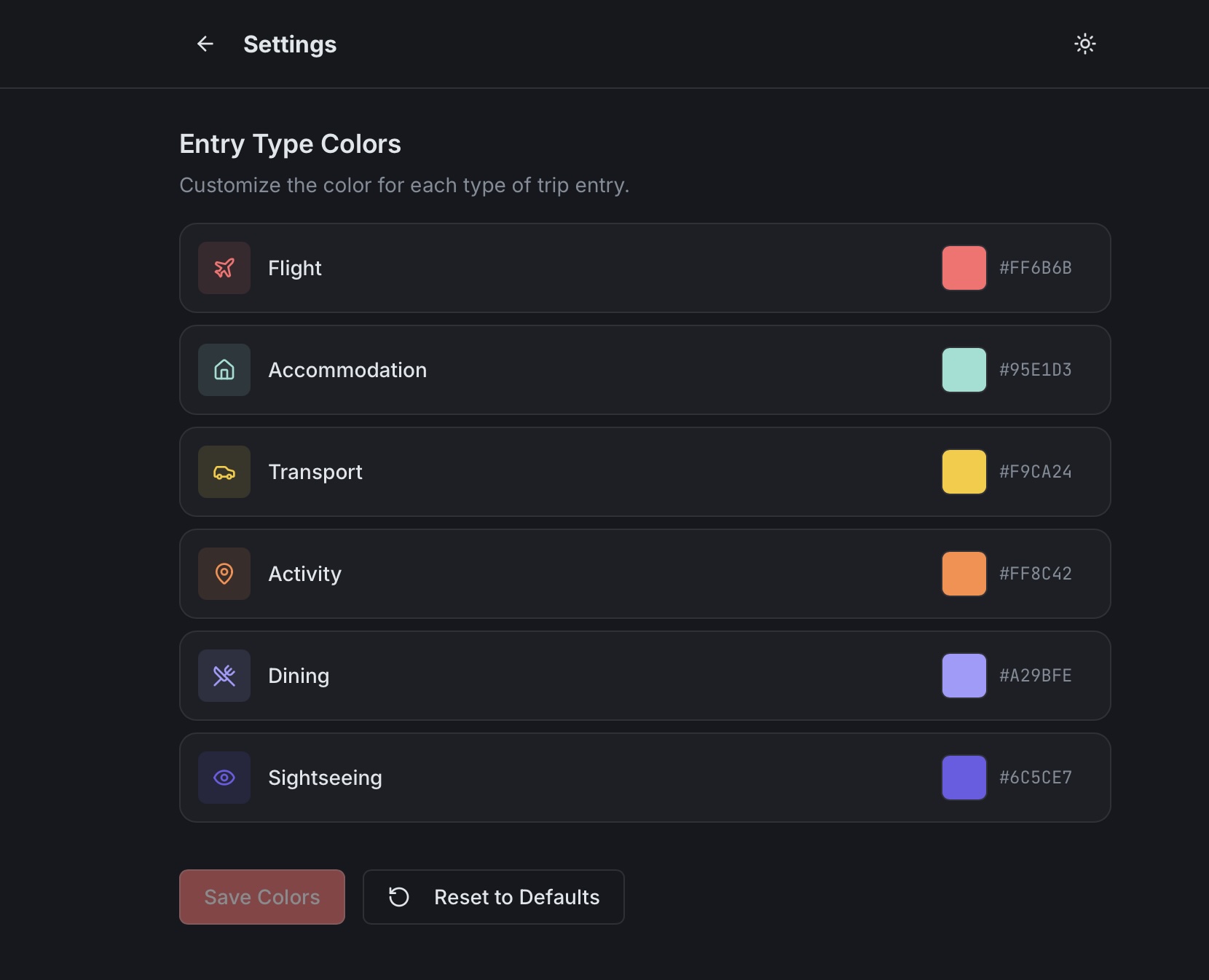 Settings showing six color-coded entry types with customizable colors in dark mode