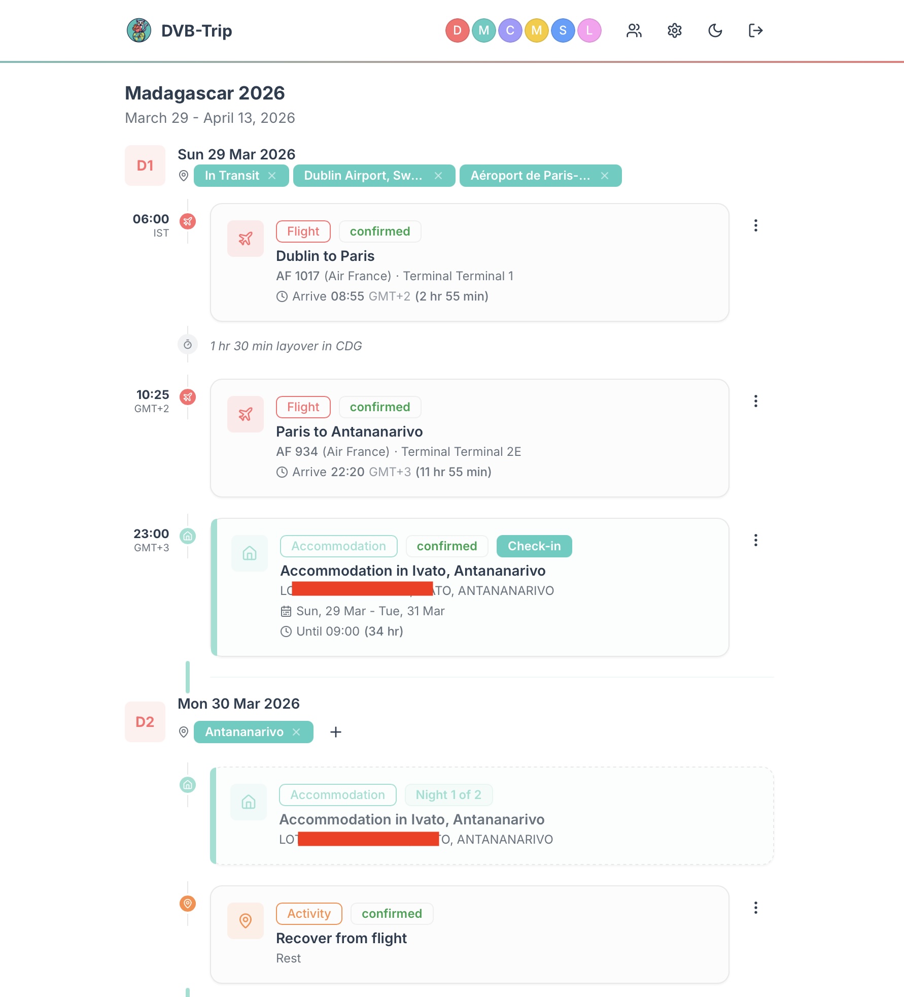 Timeline view showing Day 1 flights from Dublin to Antananarivo with layover details and hotel check-in